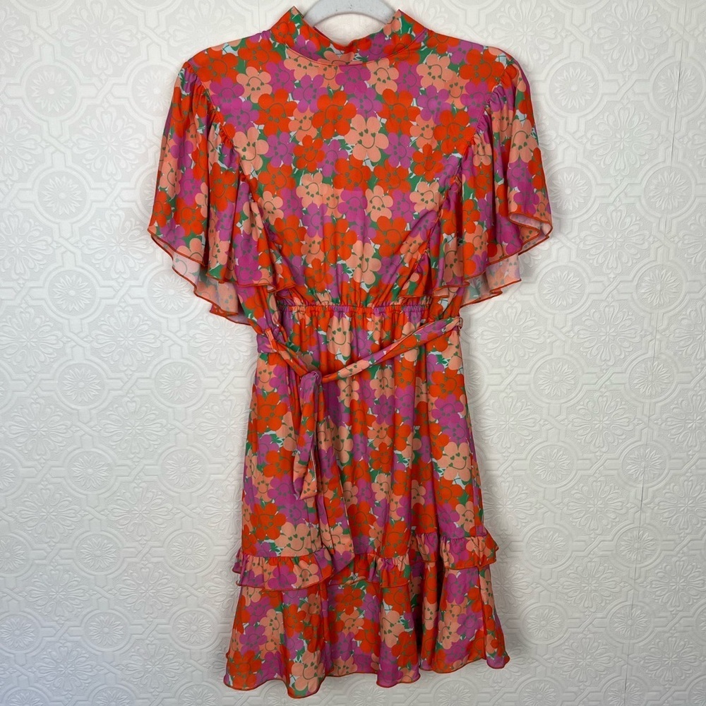 Twisted Wunder Ruffle Dress Mini Sleeves High Neck Mock Floral‎ Pink Red asos